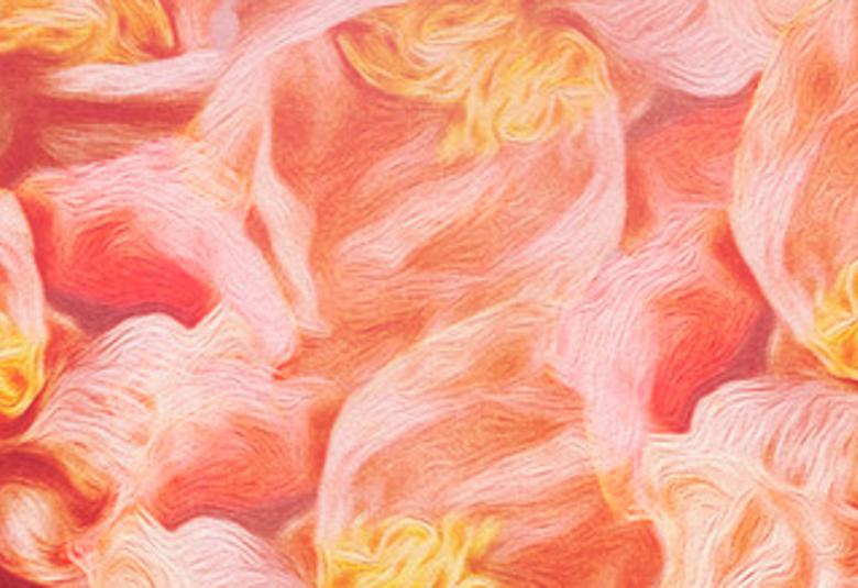 Kuvassa on vaalean punaisesta, keltaisesta ja vaaleasta langasta tehtyä vaihtelevaa väripintaa.