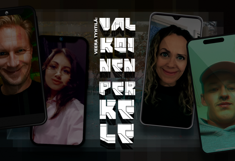 Kuvassa on vasemmalla miehen kasvot ja naisen kasvot eri kuvassa ja keskellä kolmen kirjaimen sarjoissa Valkoinen valhe valkoisilla paksuilla kirjaimilla.  Oikealla on naisen ja miehen kasvot eri kuvissa. Tausta on tumma.
