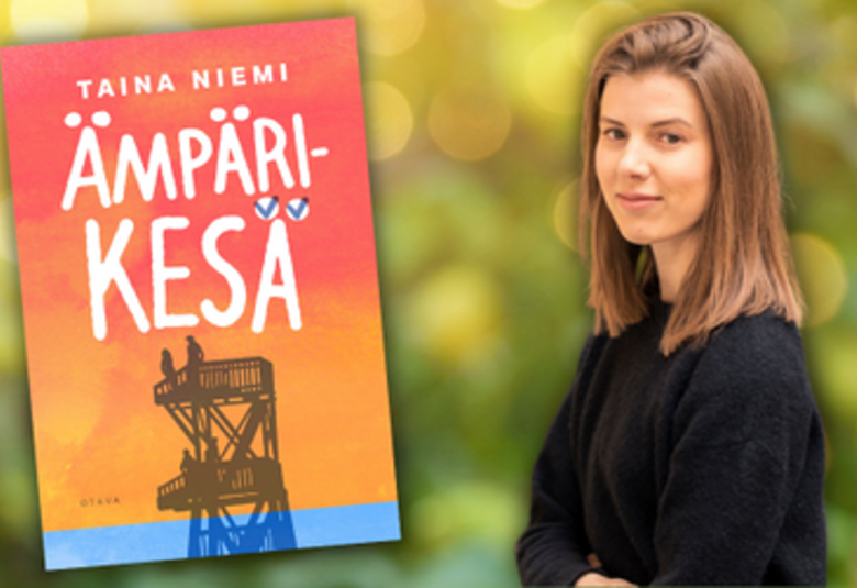 Kuvassa on vasemmalla puna-oranssilla pohjalla kirjan kansi, jossa on puisen uimalaiturin harmaa kuva.  Kirjan nimi Ämpärikesä on isoilla valkoisilla kirjaimilla.  Sen yläpuolella pienemmin Taina nimi.  Oikealla on puolivartalokuva Taina Niemesta. Hän on mustassa t-paidassa. Tausta on keltaisesta vihreään.