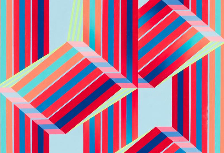 Kuvassa on vaalean sinisellä pohjalla vinoja monivärisiä tasoja ja niitä on pystyasennossa. Näiden keskellä on saman väriset leijuvat kuutiot.