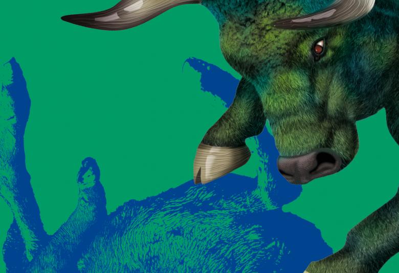 Kuvassa on osa kirjan kannesta.  Siinä on vihreällä pohjalla oikealta yläreunal kurottava sarvipäinen lehmä ja alla on sinisellä piirretty vasikka selällään, jota lehmä pitää sorkkiensa välissä.