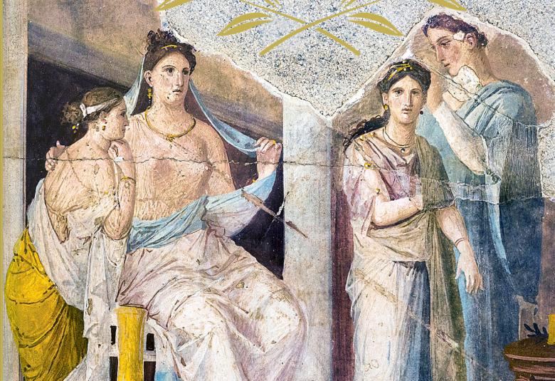 Kuvassa on osa kirjan kannesta ja siinä on vasemmalla kelta-musta ornamentti. Kuvassa on maalaus, jossa on vasemmalla nainen ja tytär istumassa kreikkalainen vaalean kangas vaatteena alavartalossa. Vieressä seisoo kaksi naista vaalean sinisessä vaatteessa. Taustalla on kivirakennuksen sisäosaa.