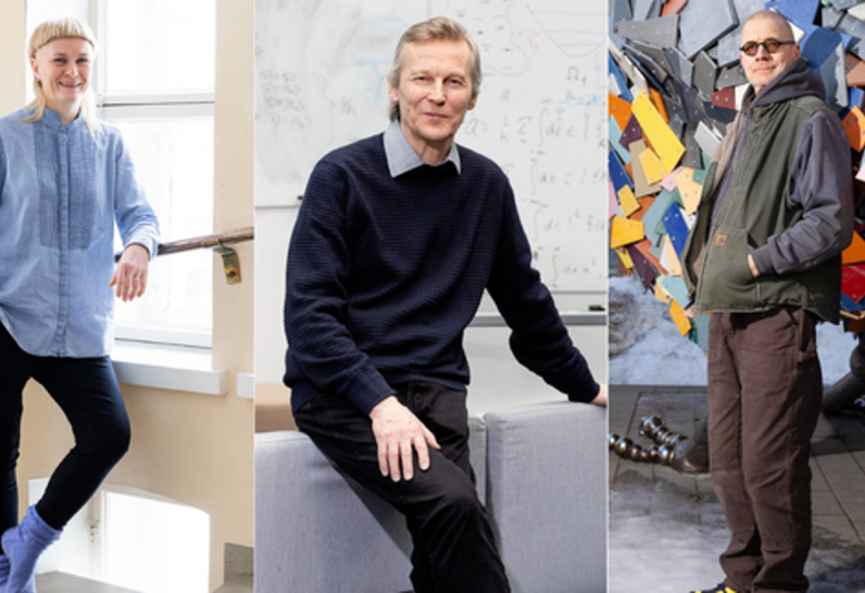 Kuvassa ovat Heini Junkkaala, Jukka Pekola ja Villu Jaanisoo ja he ovat kolmessa erillisessä kuvassa. Junkkaala seisoo ikkunan luona, Pekola istuu vaalen tuolin selkänojalla ja Jaanisoo seisoo ulkona värikkään kirjavan puupalasista kootun veistoksen edessä.