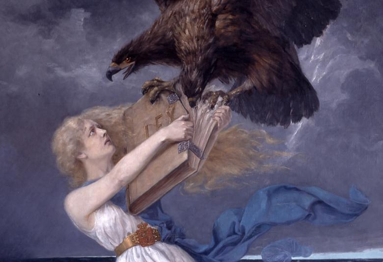 Kuvassa on tummalla pilvisellä pohjalla hyökkäävä kaksipäinen kotka, joka yrittää riistää lakikirjaa valkopukuisen neidon käsistä.