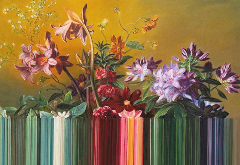 Kuvassa on tummahkon sävyisessä kuvassa palmupuita ja alla turkoosi allas. 