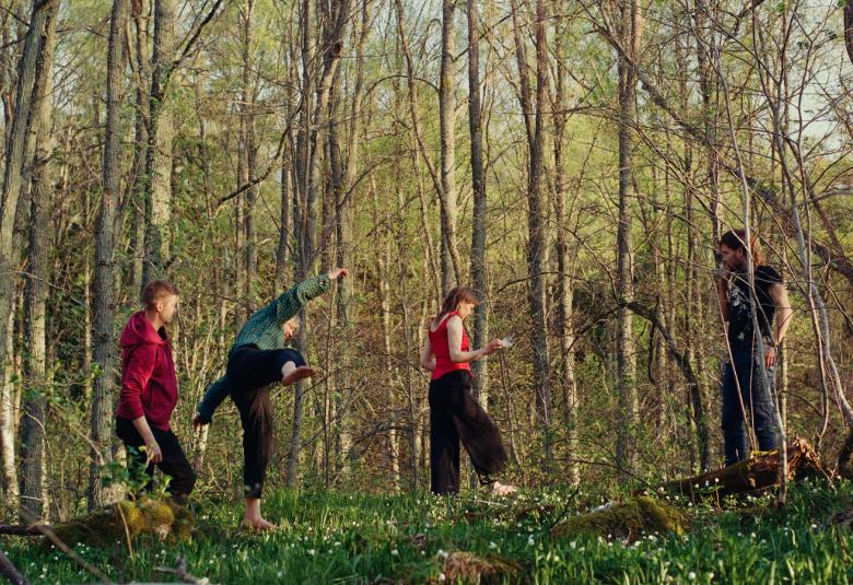  Kuvassa on neljä nuortaa kulkemassa metsässä.  Metsä on haavikkoa ja vaalean vihreän keväinen.