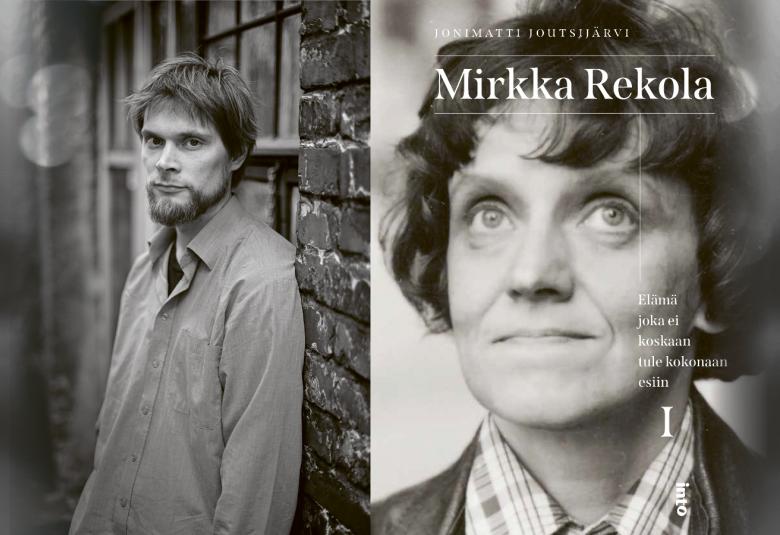 Kuvassa on vasemmalla Toni Joutsijärvi toisessa osassa kuvaa ja hän seisoo tiiliseinää vasten. Hänellä on kauluspaita päällään. Oikealla on kirjan kansi, jossa on Mirkka Rekolan kasvot ja nimi isolla sekä pienellä kirjan nimi. Kuva on musta-valkoinen.