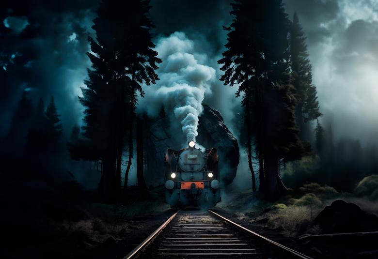 Kuvassa on tummalla taustalla lähestyvä vanha, musta veturi ja siitä nousee vaaleaa höyryä.  Edessä näkyy suoraa raidetta.