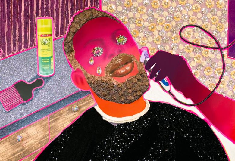 Kuvassa on mies parturissa ja hänellä on punainen pää ja musta suojakangas.  Häntä parturoi punakäsinen henkilö.