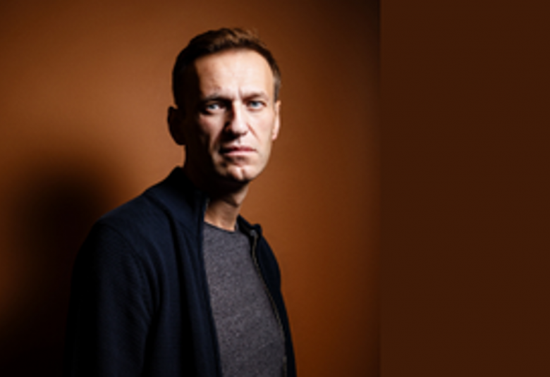 Kuvassa on Aleksei Navalny puolivartalokuvassa seisomassahieman vinottain. Hänellä on musta villatakki ja harmaa paita päällään. Tausta on ruskea.