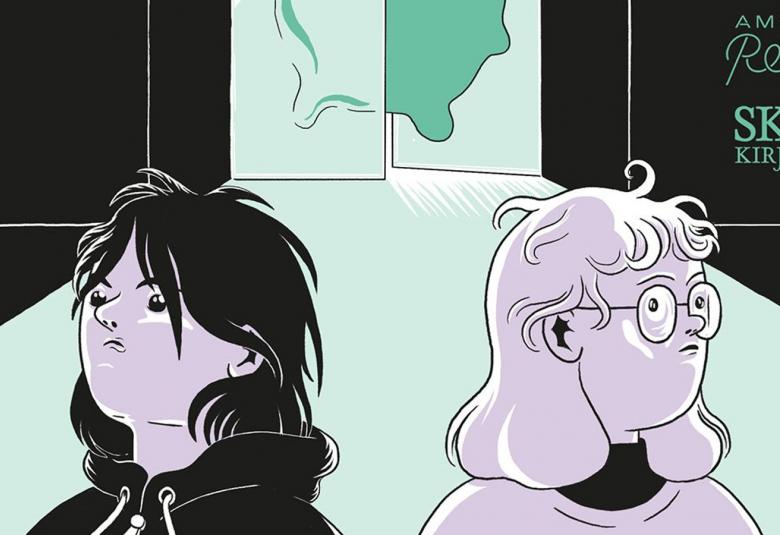 Kuvassa on alempana piirroskuvassa kahden nuoren kasvot, joista vasemman puoleisella on mustat hiukset ja oikean puoleisella vaaleat.  He katsovat kumpikin eri suuntiin. Takana on mustat suunnikkaat kulmissa ja takana on vaalean ja tumman vihreät kuviot ylhäällä ja alaosa vaalean vihreää.  