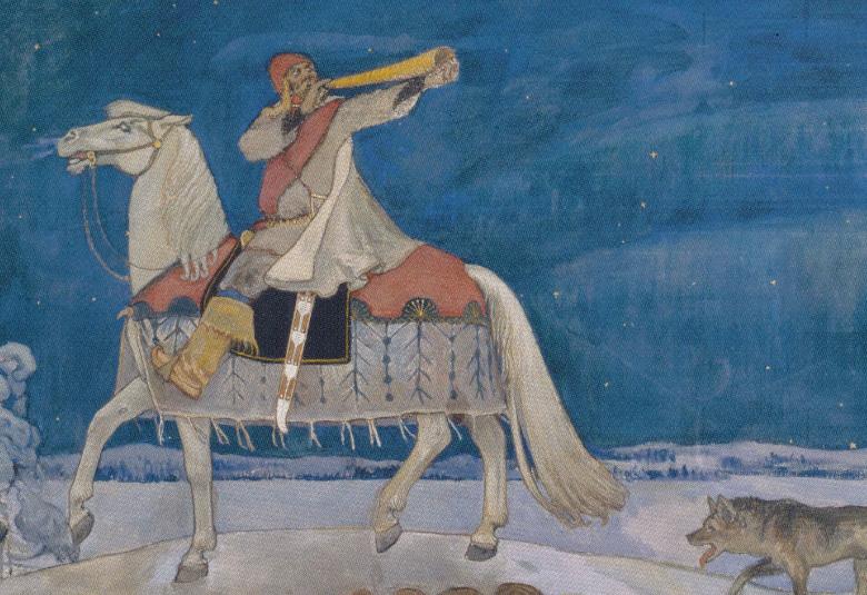 Kuvassa Kullervo ratsastaa harmaalla ratsulla, jolla on selässään oksakuvioinen viltti. Kullervo soittaa keltaista tuohitorvea ja istuu hevosen selässä. Hänella on harmaa leveä paita ja ruskea etumus. Tausta on sininen ja edessä on valkoisia lumisia pensaan oksia. 