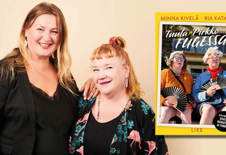 Kuvassa ovat vasemmalla Ria Kataja mustassa jakussa ja puserossa ja Minna Kivelä kukallisessa jakussa ja mustassa puserossa. Oikealla on kirjan kansi, jossa on keltaiset reunukset keskellä Tuulan ja Pirkon kuva istumassa penkillä kesltaisessa ja sinisessä pusakassa ja viuhjat kädessään.