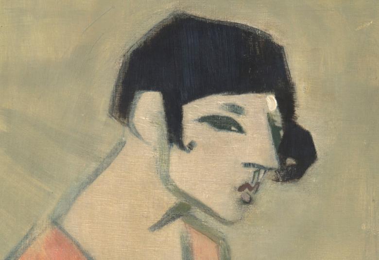 Kuvassa vihertävän harmaalla pohjalla sivuttain Helena Schjerfbeckin kasvot. Hänellä on tummat lyhyet hiukset. 