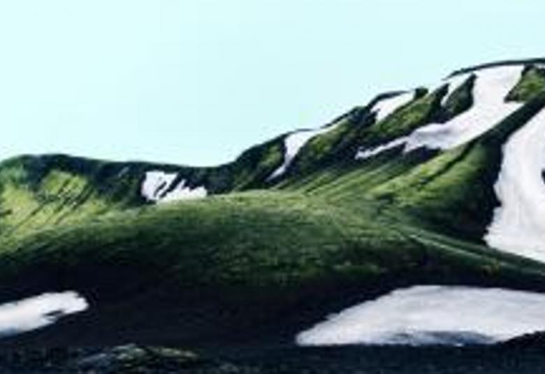 Kuvassa on islantilaista vuorimaisemaa, jossa on vasemmalta oikealle nousevaa muodostelmaa mustan vihreän nauhamaisena. Yläpuolella on sinistä taivasta. Kuva on osa kirjan Hildur kannesta.