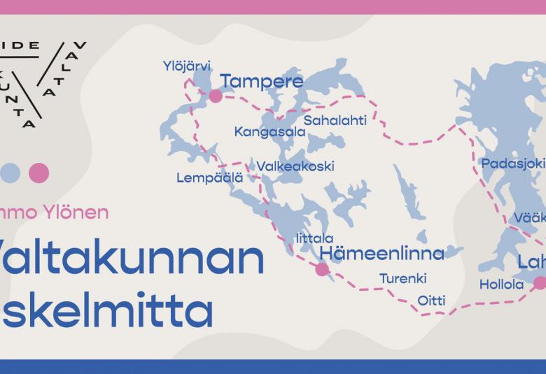 Kuvassa on vasemmalla alhaalla teksti Valtakunnan askelmitta ja kartta, jossa on Hämeen paikkakuntia sekä reitti.
