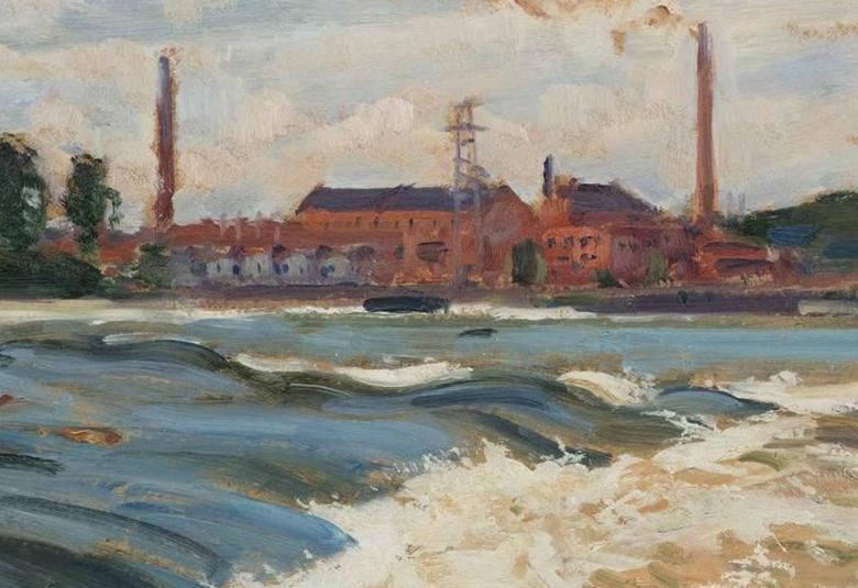 Kuvassa on maalaus Kymintehtaasta. Edessä on sinistä vettä, joka virtaa koskeksi.  Taustalla on ruskeatiilinen tehdasrakennus savupiippuinen.