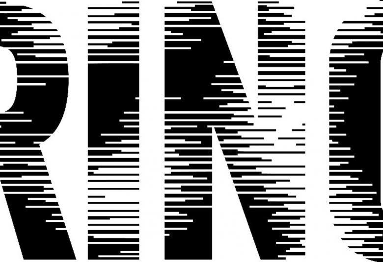 Kuvassa on isoin kirjaimin Ring.  Kirjaimet ovat mustia ja niissä on valkoisia raitoja. Tausta on valkoinen.