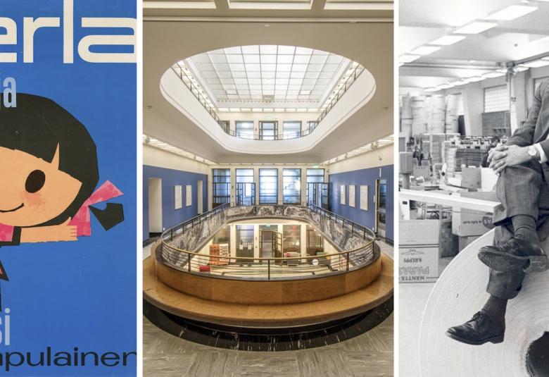 Kuvassa on vasemmalla Serlan mainosjuliste ja siinä on pikkutytön piirroskuva hyppäämässä. Tausta on sininen. Keskellä on pääkonttorin aulatila ja siinä on soikea avoin istuinpenkillä ympäröity tila alakertaan ja ylhäällä soikea valoikkuna katossa. Oikealla on kuva musta-valkoinen kuva Göstä Serlachiuksesta istumassa pöydän päällä ja taustalla on tehdassalia.