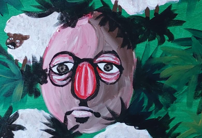 Kuvassa on keskellä on kasvot, joissa on iso punainen nenä ja pyöreä vaalean violetti pää. silmät ovat surulliset.  Taustalla on vihreää ja vihreitä lehti ja mustia lehdyköitä. 