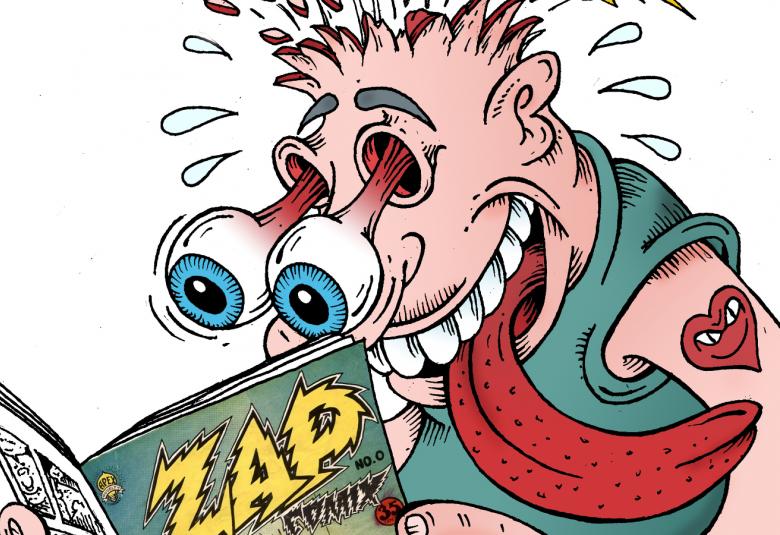 Kuvassa on piirroskuva ja siinä on mies lukemassa Zap-lehteä ja hänellä tulee silmämunat silmistä ulos. Miehellä on punainen kieli ulkona pitkällä. Miehellä on vihreä, hihaton pusero. Tausta on valkoinen.