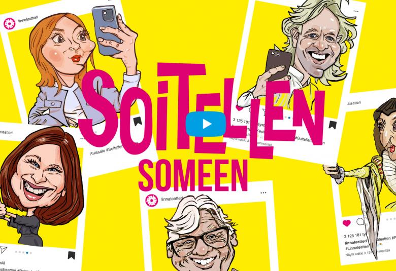  Kuvassa on keltaisella pohjalla viisi piirrettyä valkoraamista kuvaa, joissa on vasemmalla kaksi naista kännykät kädessään ja vasemmalla on nasen ja miehen kuvat sekä alhaalla keskellä mies. Keskellä on isoilla punaisilla kirjaimilla Soitellen someen.