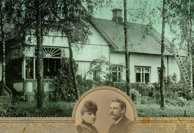 Kuvassa on Kotkanniemen päärakennus, joka on harjakattoinen ja se tekee siiven etualalle.  Alaosassa keskellä on ruskealla pohjalla Ellen ja P.E. Svinhufvudin kasvokuvat puolipyörein raamein. Kuva on osa kirjan kannesta. 