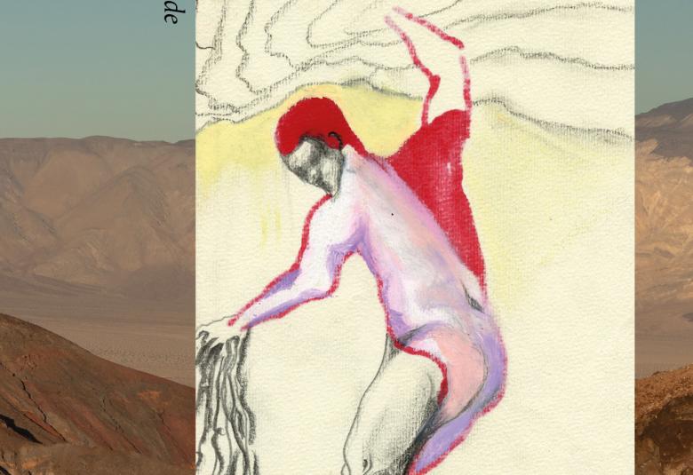 Kuvassa on taustalla kumpuilevaa tunturimaista maisemaa ruskehtavana ja sinistä taivasta. Keskellä on erillinen keltapohjainen piirroskuva, jossa on miehen figuuri puoliksi kumartuneessa asennossa. Ylempänä on juovia.