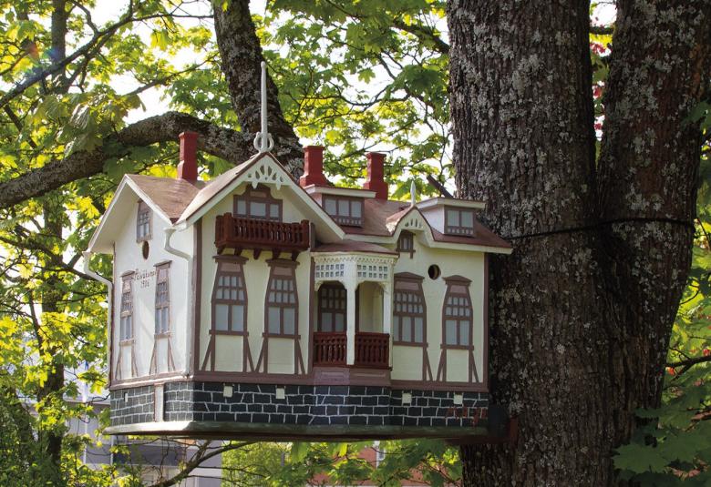 Kuvassa on lehtipuiden keskellä ja yhdeltä oksalta roikkumassa puinen pienoistalo.  Talo on pienoismalli, joka on valkoinen ja siinä on tumman punaiset koriteikkunan pielet ja yläpuolella pieniruutuiset koristeet.  Alaspäin lähtee molemmista reunoista kaksi lautaa pyramidimaisesti sekä kahdet kattoikkunat.  Sivussa on harjakattoa ja etuvasemmalla on iso harja ja vieressä pieni harja. 