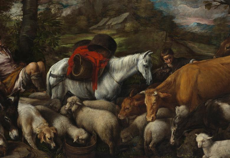 Kuvassa on vasemmalla istuma-asennossa rinteessä paimen nukkumassa vaaleassa puvussa. Edessään on valkea hevonen. Edessä on vasemmalla vaalea ajokoira ja vieressä lampaita. Vasemmalla on ruskea lehmä.  