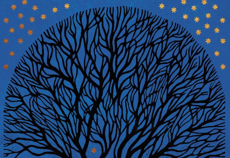 Kuvassa on sinisellä pohjalla kultaisia tähtiä kulmissa ja graafinen pallomainen puun oksisto mustana ilman lehtiä. Kuva on osa kirjan kannesta.