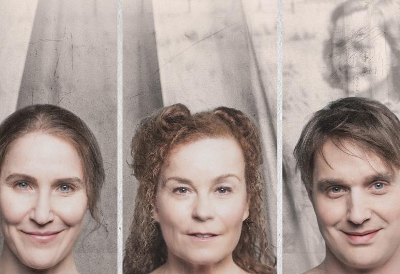 Kuvassa ovat Ursula Salon, Vappu Nalbantoglun ja Sauli Suonpään kasvot erillisinä kuvina ja taustalla on vaaleata verhoa. Oikeassa kulmassa on vanhahtava naisen kasvokuva. Kuva on musta-valkoinen ja sävy on ruskehtava.