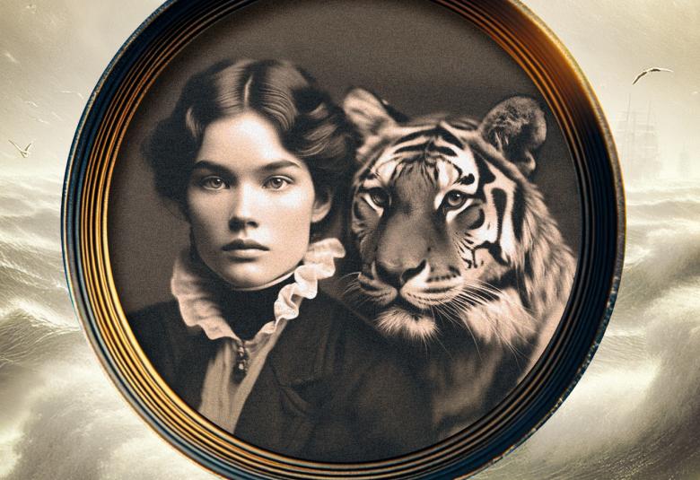 Kuvassa on ruskehtava sävyinen musta-valkoinen valokuva, joka on kehystetty pyöreällä raamilla. Kuvassa on vaseammalla nuoren naisen kasvokuva ja hänellä on tummat kiharat hiukset. Hänellä on päällään pitsikaulukset tummassa puserossa. Olkapään takaa kurkistaa tiikerin pää. Taustalla on aaltoileva meri. Kuva on osa kirjan kannesta.