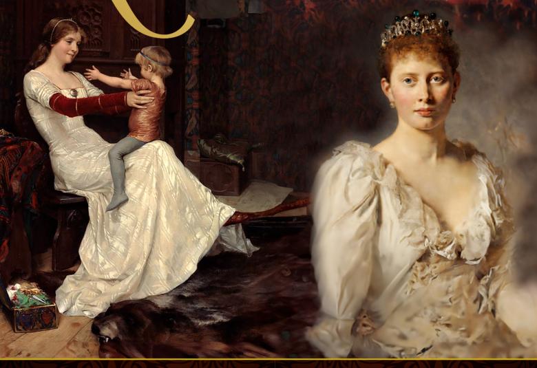 Kuvassa on vasemmalla Edelfeltin maalaus Kuningatar Bianca valkoisessa puvussa lasta leikittämässä polvellaan. Oikealla on puolivartalokuva valkoisessa puvussa olevasta kuningattaresta. Kuva on osa kirjan kannesta.