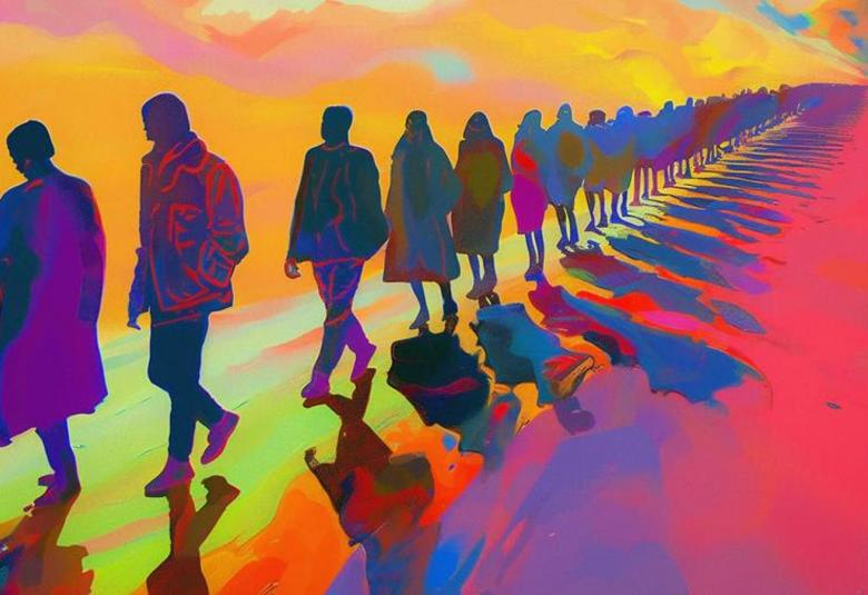 Kuvassa on maalauskuvassa tumman sinisiä ihmishahmoja kävelemässä jonossa vinottain kuvan läpi. Tausta on kelta-pinkki-violetti vesivärimäinen. Ihmisistä heijastuu varjot. 