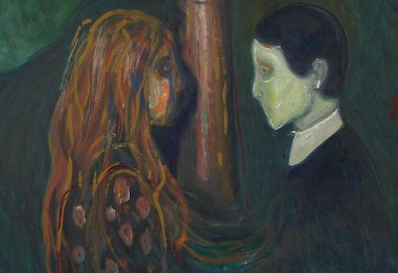 Kuvassa on vasemmalla on sivuttain tyttö, joka on maalattu usealla tummahkolla värillä. Häntä vastapäätä on poika, joka on mustassa puvussa ja jolla on harmaat kasvot. Taustalla välissä on männyn runko. Vasemmalla kulmassa on vihreää väriä.