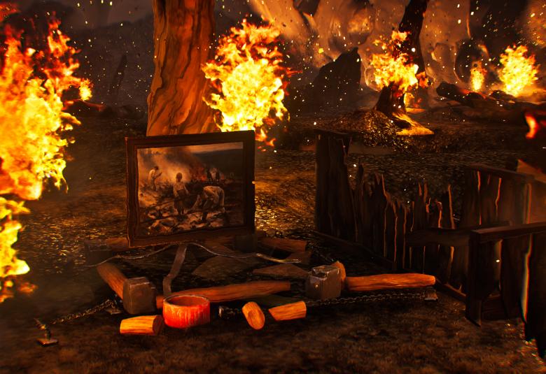 Kuvassa on liekkejä vasemmalla sivulla ja ylhäällä keskellä sekä sivulla ja oikeassa reunassa. Tila on tumman ruskea ja sen keskellä alhaalla on Eero Järnefeltin teos Raatajat rahanalaiset.