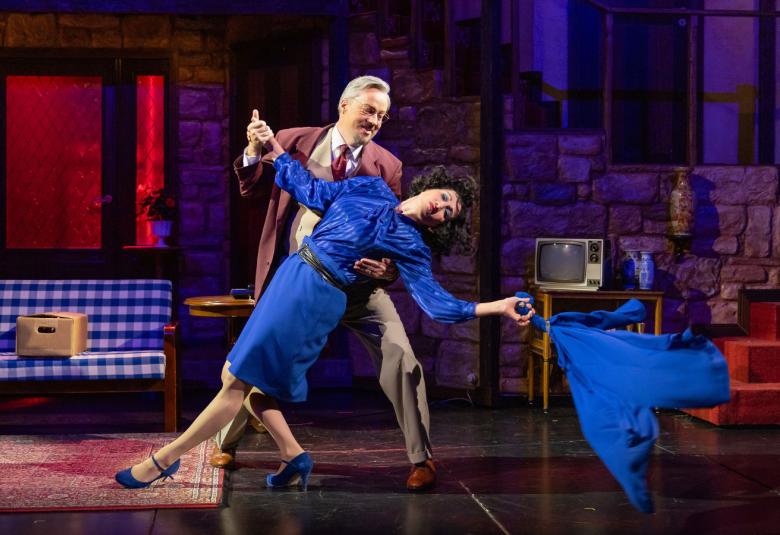 Kuvassa ovat tanssiasennossa ja ruskeassa puvussa oleva mies pitelee sinisessä mekossa olevaa naista, joka nojaa kaatuvassa asennossa  vasen käsi ojennettuna.  Taustalla on siniruudullinen sohva ja punertavaa seinää.