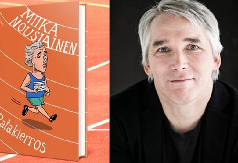 Kuvassa on vasemmalla urheiluradan pohja ja sen päällä kirjan kansi, jossa on rataviivoja oranssilla pohjalla. Keskellä on juoksee mies sinisessä paidassa ja vihreissä shortseissa.  Päällä lukee Miika Nousiainen ja alla Ratakierros. Vasemmalla on Miika Nousiaisen kasvokuva ja tausta on musta.