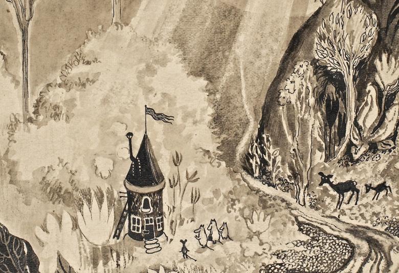 Kuvassa on Muumilaakso ja siinä on vasemmalla isolehtisiä kasveja sekä isoja kukkia. Taustalla on pensasmaista metsää ja oikealla on puita runkoineen. Keskellä on pieni pyöreä muumitalo ja sen vierestä kiermurtelee joki. Talon edessä seisoo pieninä kolme muumia ja Niisku-neiti. Joen toisella puolella on iso ja pieni kauris. 