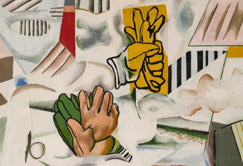 Kuvassa on vaaleita pyöristettyjä muotoja ja kahdessä kohdassa on ylöspäin kurottavia hanskoja, joista toiset ovat ruskeita ja vihreitä ja toiset tumman keltaisia. Kuvan sävy on vaalean harmaa.