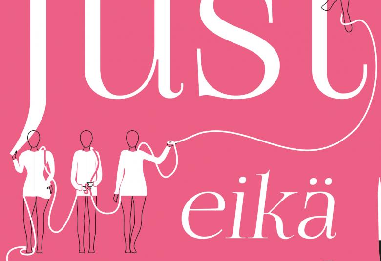 Kuvassa on vaalean punaisella taustalla piirroskuvana vasemmalla alhaalla kolme naishahmoa valkoisissa paidoissa. Yläpuolella leikattuna just ja alapuolella eikä valkoisella. Kuva on osa kirjan kannesta.