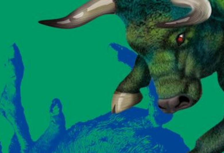 Kuvassa on vihreällä pohjalla oikealla lehmän pää ja sarvet sekä sorkkia. Alapuolella on sininen vasikka selällään.