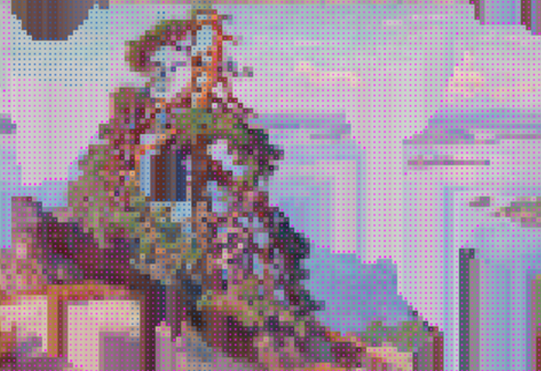 Kuvassa on sinertävää taivasta ja vasemmalla on mäntyjä sekä alhaalla on vaaleita kerrostaloja.  Oikealla on korkeita kerrostaloja.  Pinta on pistemäinen. 