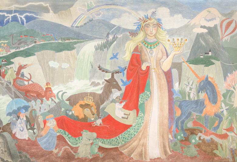 Kuvassa on taustalla taivasta ja kumpuilevaa maastoa sekä vasemmalla vesiputous. Oikealla seisoo nainen, jolla punainen puku ja siitä lähtee pitkää helmaa, jossa on pieniä muumihahmoja. Vasemmalla on lisää muumihahmoja, jotka ajavat ison lintuhahmon vetämissä vaunuissa. Kuvan väsit ovat vaaleita pastellisävyjä.