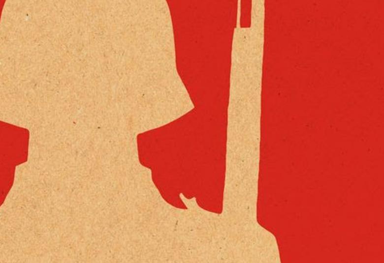 Kuvassa on punaisella pohjalla keltaisen sotilaan hahmo takaa päin ase ylöspäin suunnattuna. Kuvan osa kirjan kannesta.