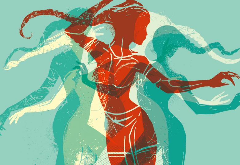 Kuvassa on piirroskuva naishahmosta, jonka vartalo on ruskea ja jonka vasen käsi ojentuu vasemmalle ja oikea käsi koskettaa hiuksia. Taustalla on turkooseja ja vaaleita heijastuksia figuurista. Tausta on vaalean turkoosi. Kuva on osa kirjan kannesta.