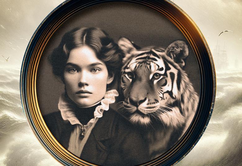 Kuvassa on keskellä pyöreä kultakehystetty valokuva, jossa on nuoren naisen valokuva. Tausta on vaalean ruskea.