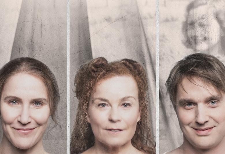 Kuvassa ovat näyttelijöiden Vappu Nalbantoglu, Ursula Salo ja Sauli Suonpää kasvot erillisinä kuvina. Taustalla ylempänä oikealla on nuoren naisen kasvot. Kuvan sävy on ruskehtava.