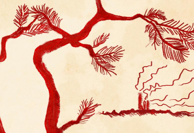 Kuvassa on kaksi ruskeaa männyn oksaa, joista näkyy muutama neulanen.  Takana on pienellä tehdassilhuetti.  Kuvan tausta on vaalean keltainen. Kuva on osa kirjan kannesta.